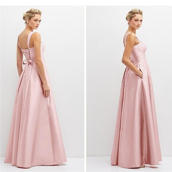 ALFRED SUNG Lace-Up Bustier Full Skirt Pockets Satin Pink Maxi Dress NWT 12 - Picture 2 of 12
